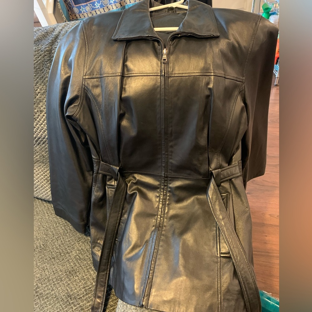 Large leather coat with tie straps
